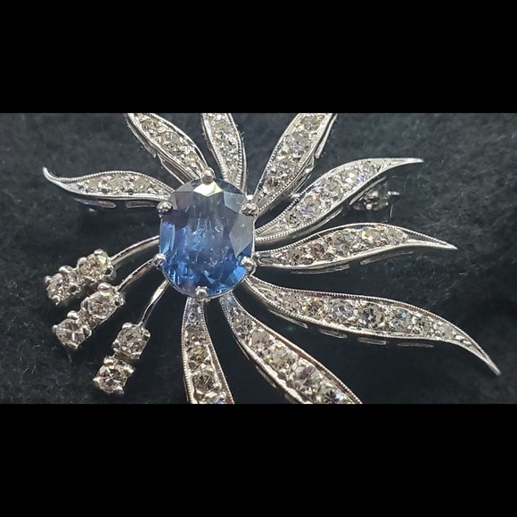 Mid century modern era custom sapphire diamond pin/necklace. 14k white gold. - Picture 5 of 6